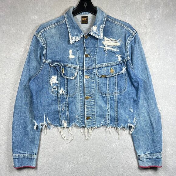 Vintage Lee Riders Denim Jacket Women Medium Blue Distressed Cropped Made In USA - Picture 1 of 12
